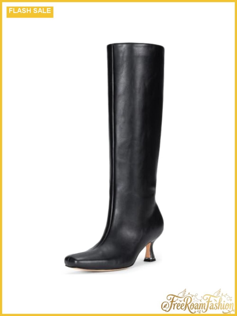 Knee High Boots Square Toe Kitten Low Heel Faux Leather Tall